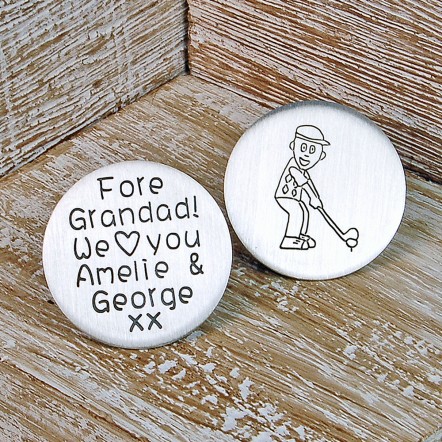 Personalised Silver Golf Ball Marker Childs Writing Font Style 2 with Cartoon Drawing of Golfer 2