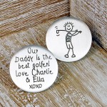Personalised Silver Golf Ball Marker in Childs Handwriting Font with Childs Drawing of Golfer