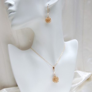 Gold Fill Birds Nest and Pearl Necklace and Earring