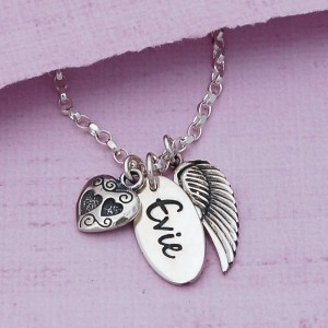 Personalised Name Charm with Angel Wing and Heart Charm Main Image