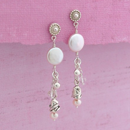 Coin Pearl and Silver Rose Earrings