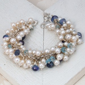 White Freshwater Pearl & Aquamarine Cluster Bracelet 2