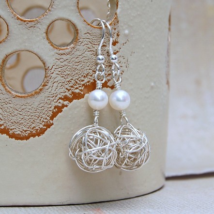 Silver Birds Nest and Pearl Earrings 1