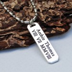 Personalised Silver Mens Bar Necklace with Roman Numerals on Stainless Steel Ball & Tube Chain