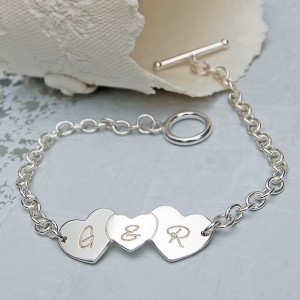 Personalised Silver Three Hearts Bracelet with & In Centre Heart