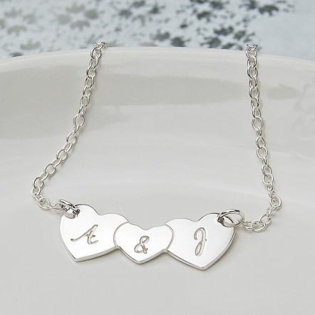 Personalised Silver Three Hearts Necklace With & In Centre Main